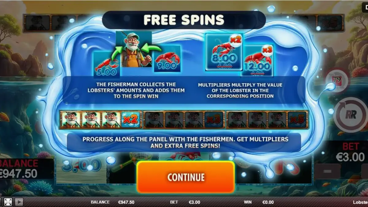 Interface do jogo de slot Lobster Splash com tema de pesca