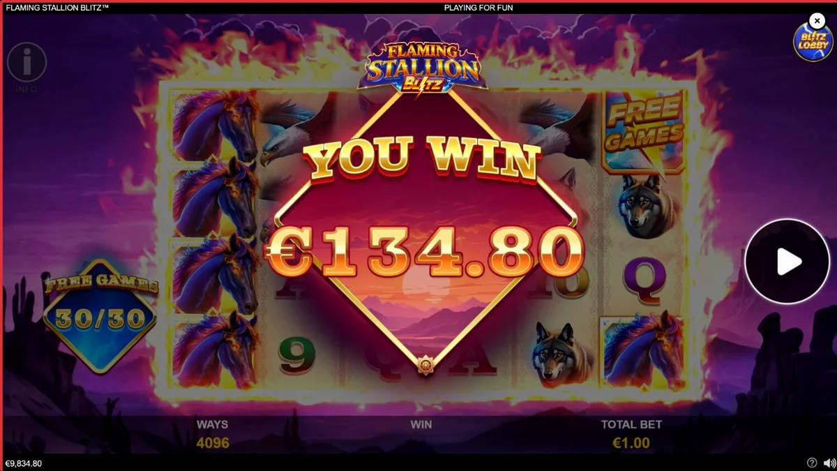 O painel de jogo do Flaming Stallion Blitz com o garanhão azul flamejante em destaque.