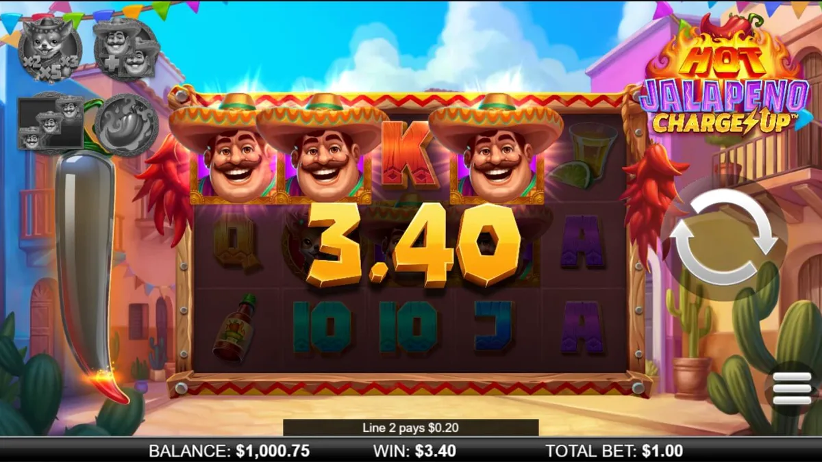 Cenário festivo e vibrante do slot Hot Jalapeño Charge Up com elementos mexicanos