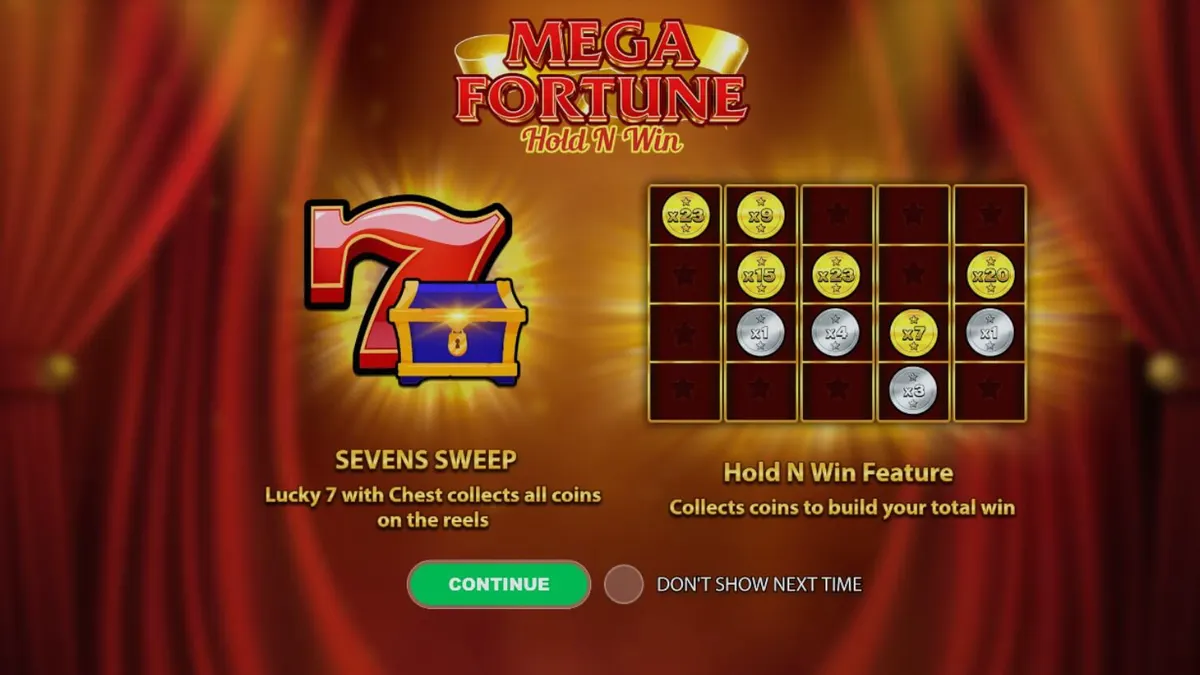 Interface do jogo Mega Fortune Hold ‘n’ Win em um dispositivo móvel