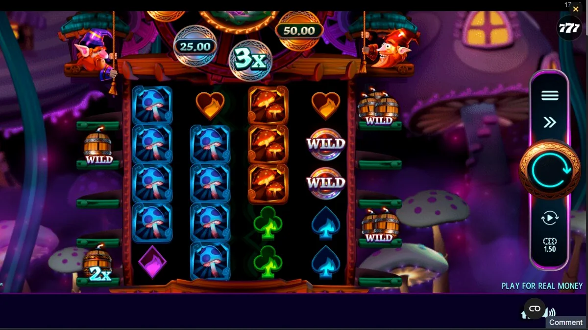 Cenário psicodélico de cogumelos e gnomos no slot Fire Gnomes 2 Magic Wheel
