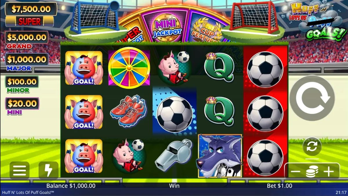 Interface do slot Huff N' Lots of Goals com elementos de futebol e porquinhos