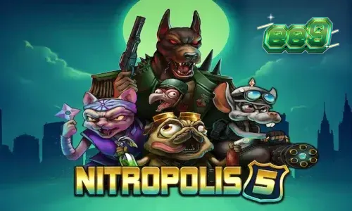 Imagem de um slot game com tema de gangues de animais em uma cidade futurista.